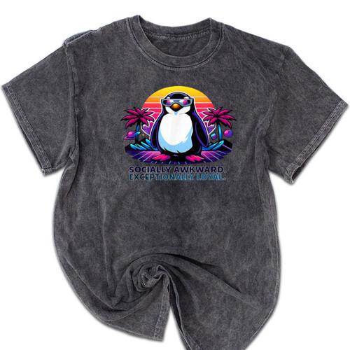 Awkward But Loyal Penguin Synthwave Vapowave Introvert Mineral Wash Tshirts - Raresse