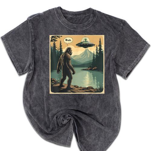 Bigfoot Sasquatch Alien Spaceship UFO Introvert Bruh Mineral Wash Tshirts - Raresse