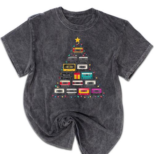 Cassette Tape Christmas Tree Graphic 80s 90s Retro Nostalgia Mineral Wash Tshirts - Figerry
