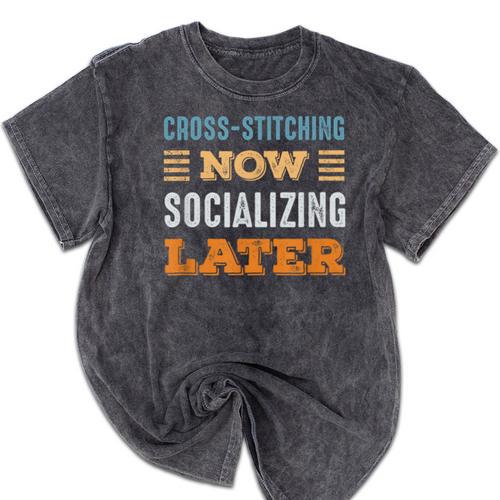Cross-Stitching Now Minimal Socializing Introvert Vintage Mineral Wash Tshirts - Raresse
