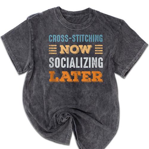 Cross-Stitching Now Minimal Socializing Introvert Vintage Mineral Wash Tshirts - Raresse