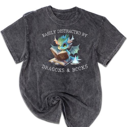 Easily Distracted By Dragons And Books Introvert Shirt Mineral Wash Tshirts - Raresse