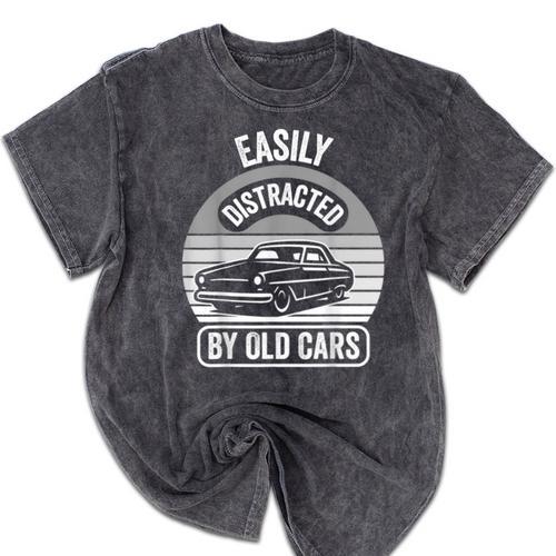 Easily Distracted By Old Cars Graphic Nostalgia Mineral Wash Tshirts - Figerry