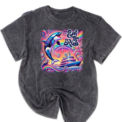 EAT THE RICH 90S NOSTALGIA WHALE ORCA YAHCT RETRO Mineral Wash Tshirts - Figerry