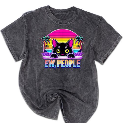 Ew Cat Misanthrope Introvert Synthwave 80s Mineral Wash Tshirts - Raresse