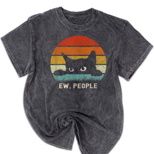 Ew People Retro Cat Cat Lover Introvert Mineral Wash Tshirts - Raresse