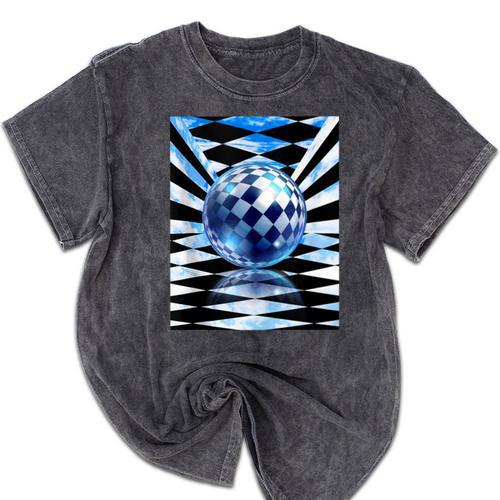Frutiger Aero Aesthetic Tech Checkered Room Orb Sky Mineral Wash Tshirts - Figerry