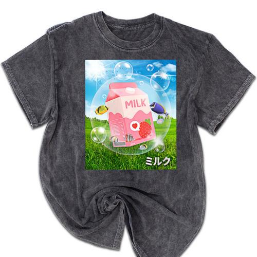 Frutiger Aero Aesthetic Tech Kawaii Strawberry Milk Fishes Mineral Wash Tshirts - Figerry