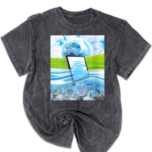 Frutiger Aero Aesthetic Tech Water Fishes Monitor Screen Mineral Wash Tshirts - Figerry