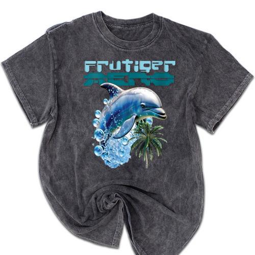 Frutiger Aero Splashy Dolphin Y2k Aesthetic Graphic Mineral Wash Tshirts - Figerry
