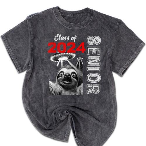 Fun Trendy UFO Sloth Graduation Class Of 2024 Senior Mineral Wash Tshirts - Best Gift Smart