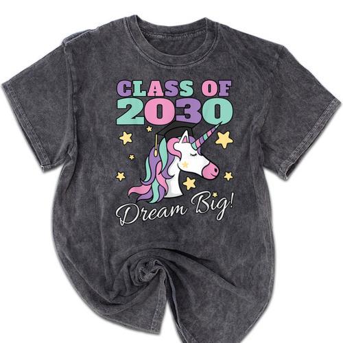 Girls Class Of 2030 Magical Unicorn Graduation Cap Mineral Wash Tshirts - Best Gift Smart
