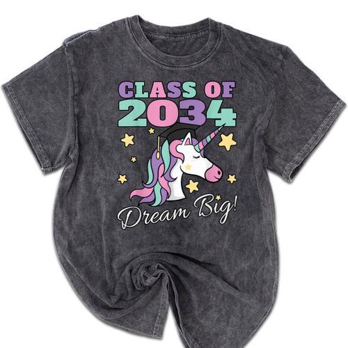 Girls Class Of 2034 Magical Unicorn Graduation Cap Mineral Wash Tshirts - Best Gift Smart