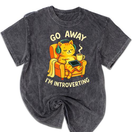 Go Away I'm Introverting Cat Coffee Headphones Mineral Wash Tshirts - Raresse