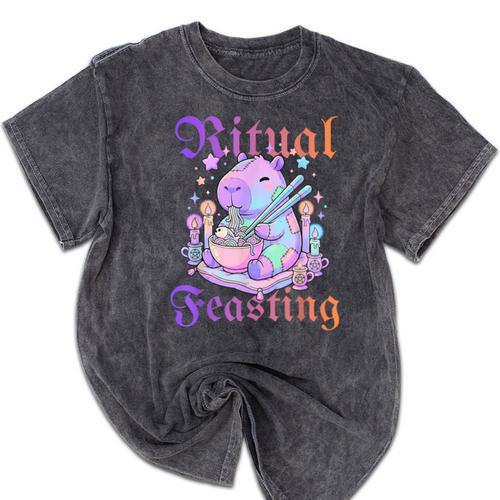 Goth Capybara Ramen Ritual Feasting Soft Introvert Art Mineral Wash Tshirts - Raresse