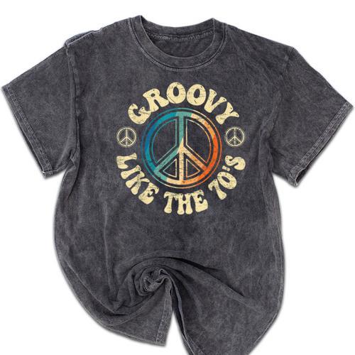 Groovy Like The 70s Peace Aesthetic Nostalgia 1970's Retro Mineral Wash Tshirts - Figerry