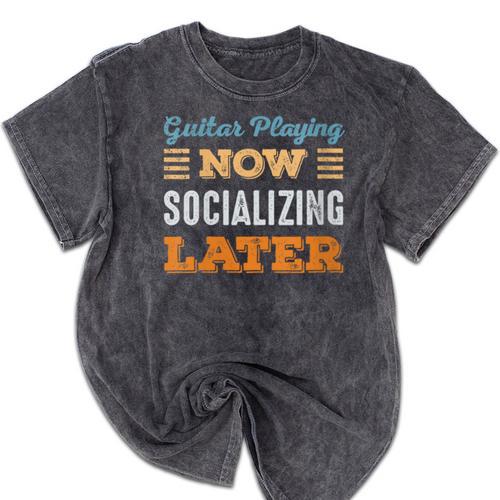 Guitar Playing Now Minimal Socializing Introvert Vintage Mineral Wash Tshirts - Raresse