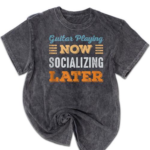 Guitar Playing Now Minimal Socializing Introvert Vintage Mineral Wash Tshirts - Raresse