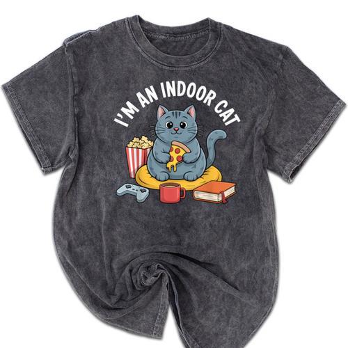 I'm An Indoor Cat Introvert Pizza Popcorn Book Gamer Cat Mineral Wash Tshirts - Raresse