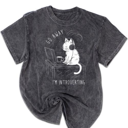 Introvert Cat With Coffee On Computer Antisocial Emo Goth Mineral Wash Tshirts - Raresse