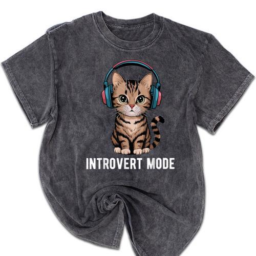 Introvert Mode Cat With Headphones Kitten Lover Mineral Wash Tshirts - Raresse