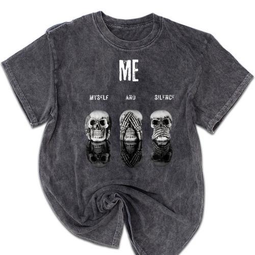 Introvert Relaxation Me Myself And Silence Skulls Mineral Wash Tshirts - Raresse