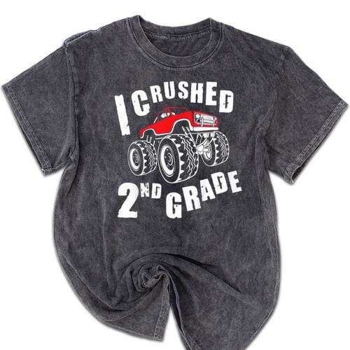 Kids I Crushed 2nd Grade Monster Truck School Graduation Mineral Wash Tshirts - Best Gift Smart