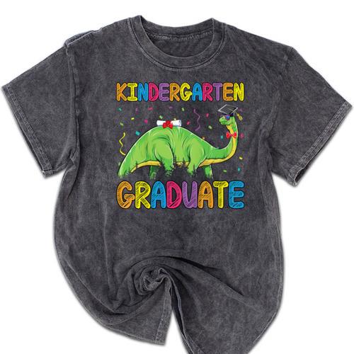 Kids Kindergarten Graduate Dinosaur Kindergarten Graduation Mineral Wash Tshirts - Best Gift Smart