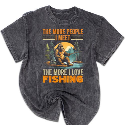 I Love Fishing Bigfoot Fisherman Introvert Sarcastic Mineral Wash Tshirts - Raresse
