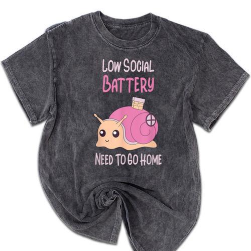 Low Social Battery Cute Snail With House Introvert Cozy Home Mineral Wash Tshirts - Raresse
