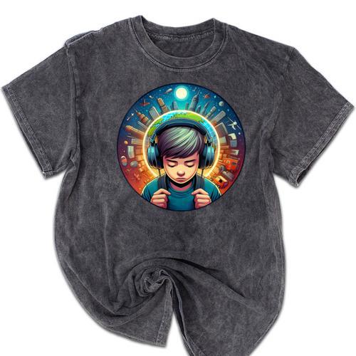 Music Enthusiast Under Starry Skies World Introvert Boy Mineral Wash Tshirts - Raresse