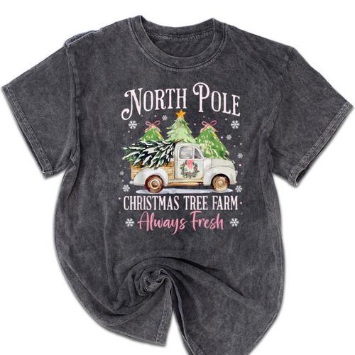 North Pole Tree Farm Merry Christmas Holiday Scene Nostalgia Mineral Wash Tshirts - Figerry