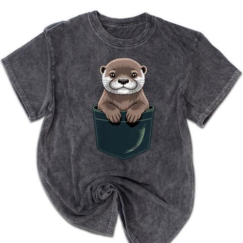 Pocket Otter Lover Introvert Cute Animal Fun Surprise Mineral Wash Tshirts - Raresse