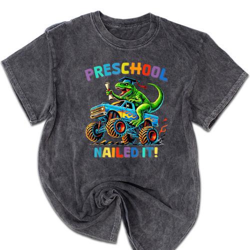 Preschool Graduation Monster Truck Dinosaur Boys Dino Tee Mineral Wash Tshirts - Best Gift Smart