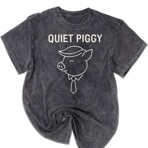 Quiet Piggy Introvert Media Humor Minimalist Line Art Mineral Wash Tshirts - Raresse