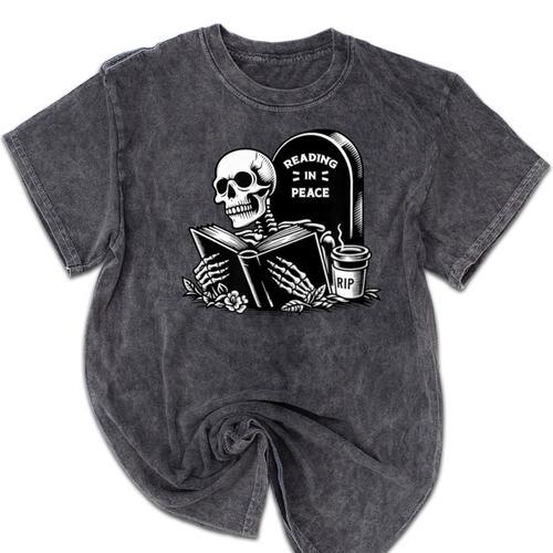 READING IN PEACE RIP Introvert Skeleton Read Book Meme Mineral Wash Tshirts - Raresse