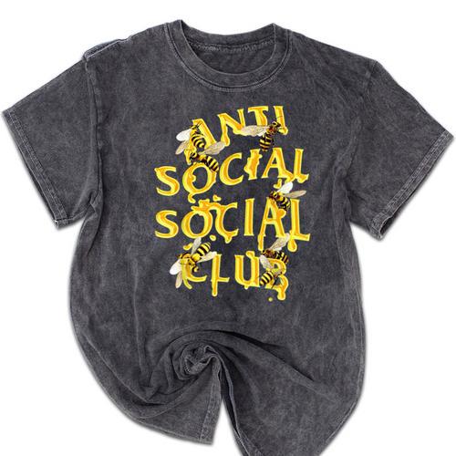 Retro Anti Social Club Bees Introvert Women Men Mineral Wash Tshirts - Raresse