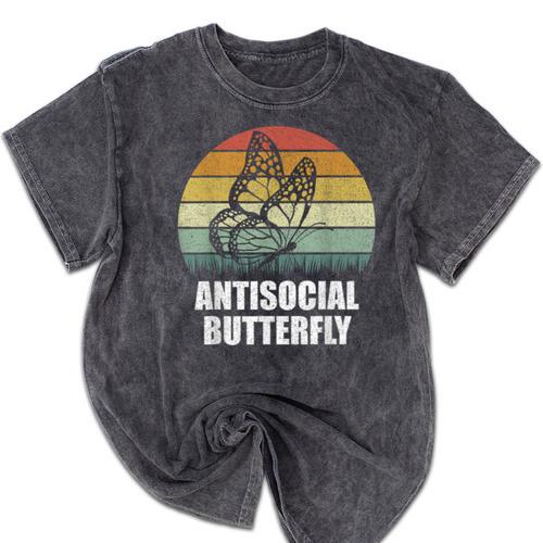 Retro Antisocial Butterfly Shirt For Introverts Mineral Wash Tshirts - Raresse