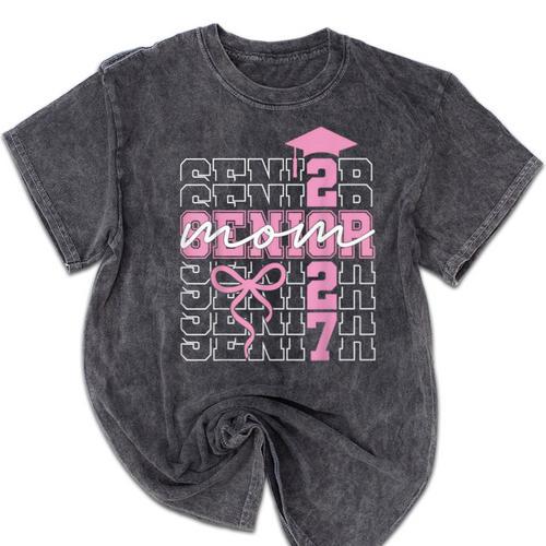 Senior Mom 2027 Class Of 2027 Coquette Bow Graduation 2027 Mineral Wash Tshirts - Best Gift Smart