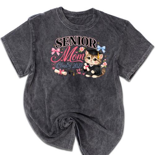 Senior Mom Class Of 2027 Cute Cat Graduation Pink Bows Girls Mineral Wash Tshirts - Best Gift Smart
