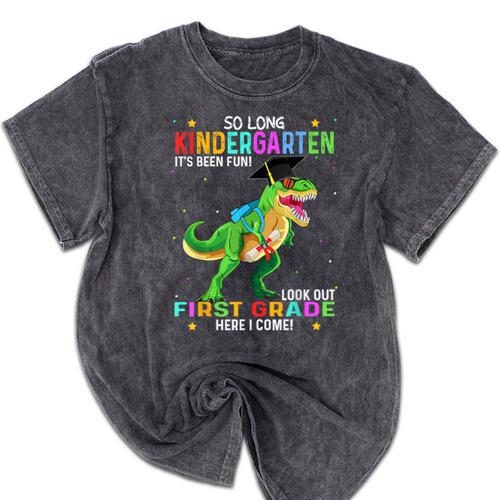 So Long Kindergarten Graduation Class 2025 Dinosaur Kids Mineral Wash Tshirts - Best Gift Smart