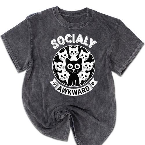 Socially Awkward Cute Introvert Cat Meme Anti-Social Club Mineral Wash Tshirts - Raresse