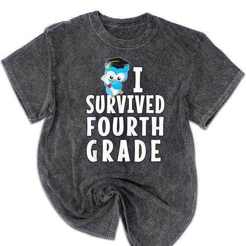 I Survived Fourth Grade Graduation Kids Owl Grad Mineral Wash Tshirts - Best Gift Smart