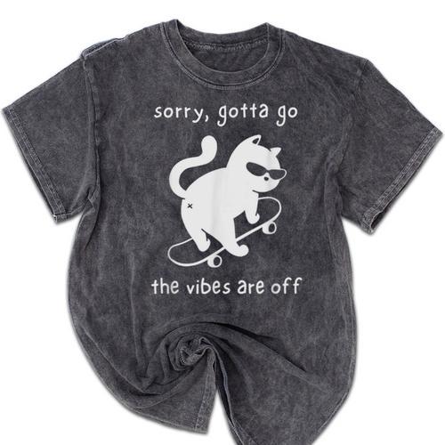 Vibes Are Off Cat Skateboard Introvert Sarcastic Humor Mineral Wash Tshirts - Raresse