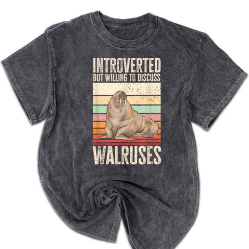 Walrus Lover Introvert Walrus Mineral Wash Tshirts - Raresse