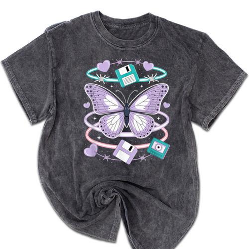 Y2K Butterfly Floppy Disk Art Digital Nostalgia Mineral Wash Tshirts - Figerry