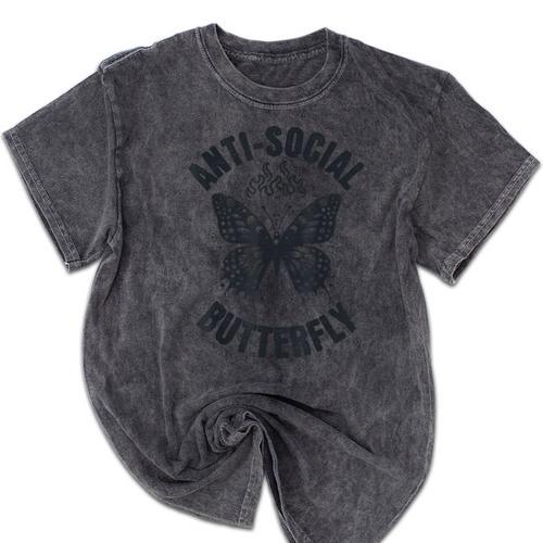 Anti-Social Butterfly Awkward Introvert Homebody Humor Mineral Wash Tshirts - Raresse