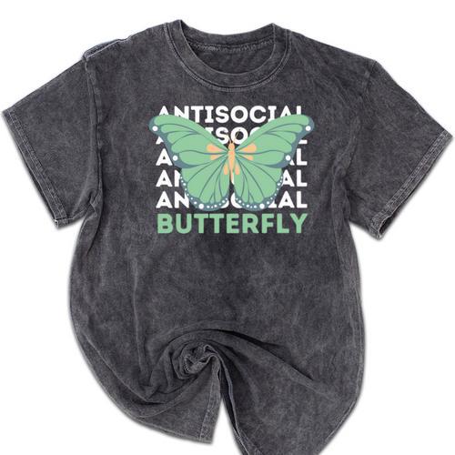Anti-Social Introvert Butterfly Mineral Wash Tshirts - Raresse
