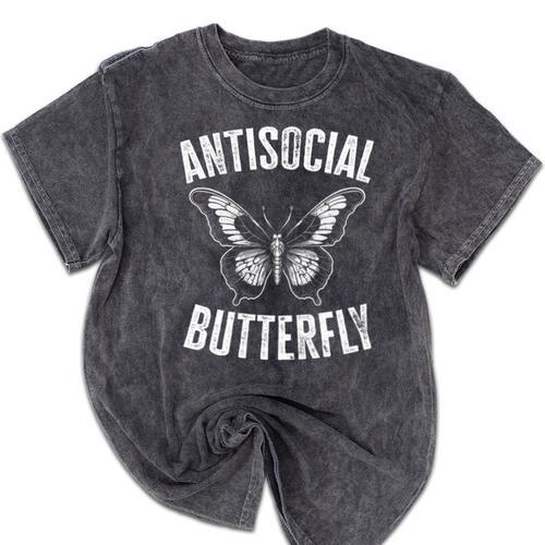 Antisocial Butterfly Introverts Homebodies Mineral Wash Tshirts - Raresse