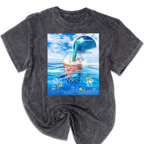 Frutiger Aero Aesthetic Tech Bubble Tea Boba Milktea Fishes Mineral Wash Tshirts - Figerry